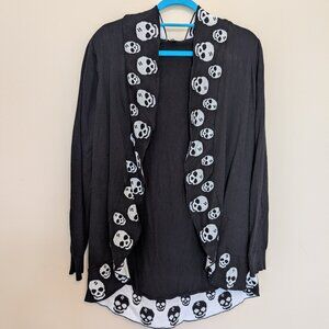 Hot Topic black & white skulls open front high low hooded cardigan L